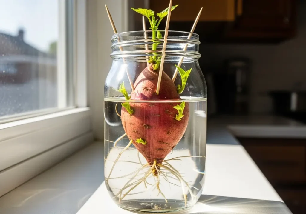 How to grow sweet potatoes from slips using water method in mason jar