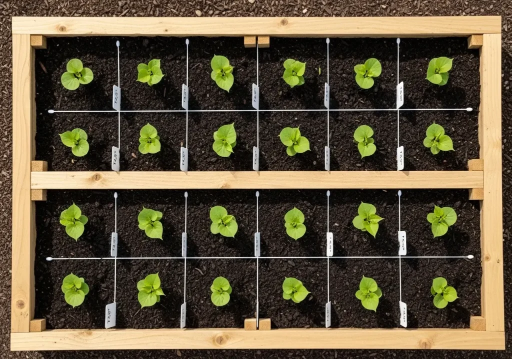 Proper spacing pattern for planting sweet potatoes in raised beds overhead view