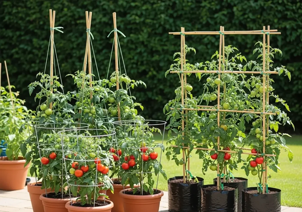 Tomato support systems for growing tomatoes in containers including cages stakes and trellises