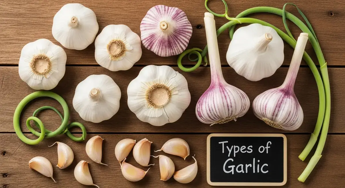 Various types of garlic bulbs including hardneck and softneck varieties arranged on wooden surface