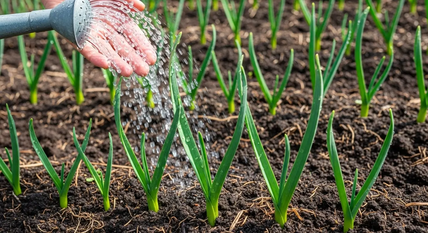 Watering garlic plants with watering can showing proper technique for healthy growth
