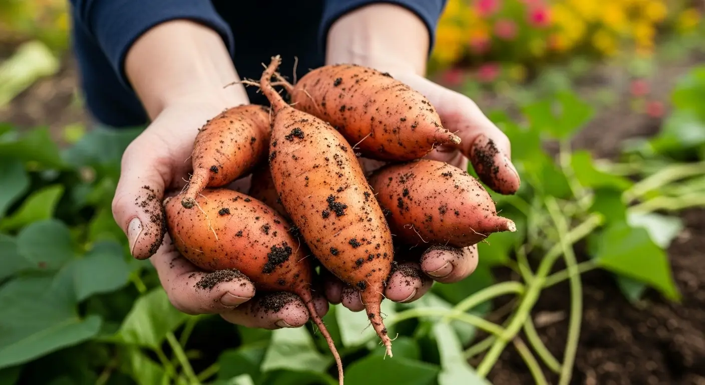 When to harvest sweet potatoes - freshly dug orange sweet potatoes in gardener's hands