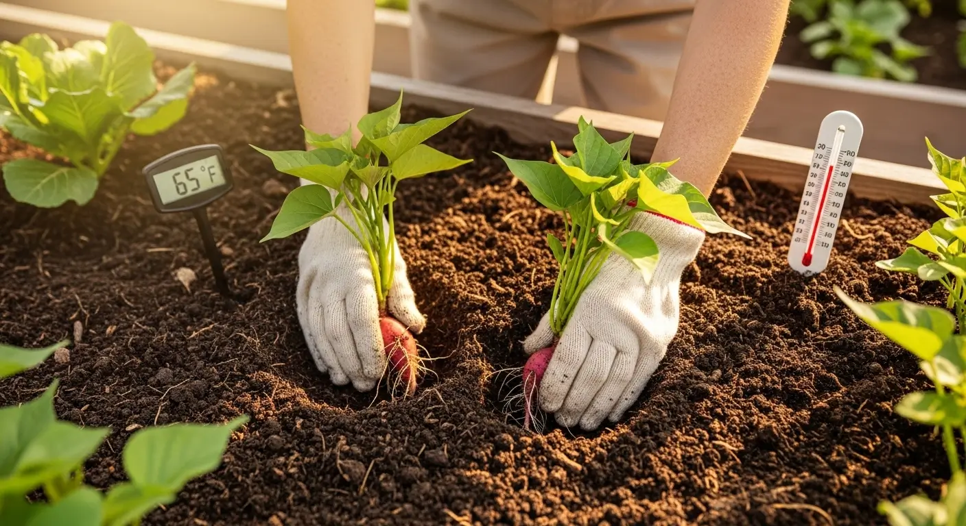 When to plant sweet potatoes timing guide showing gardener planting slips in warm soil with thermometer