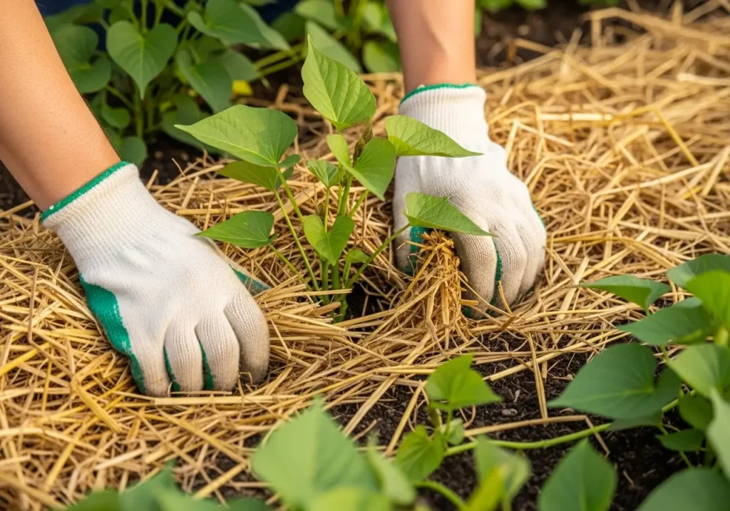 Hands-on technique for mulching sweet potatoes showing proper application method
