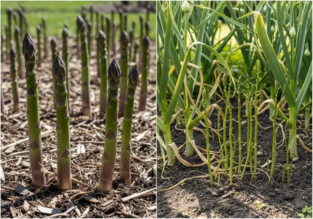 Plants to avoid with garlic including asparagus showing growth problems from companion planting mistakes