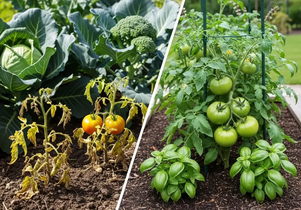 Bad tomato companion plants comparison showing struggling tomatoes near brassicas versus healthy tomatoes
