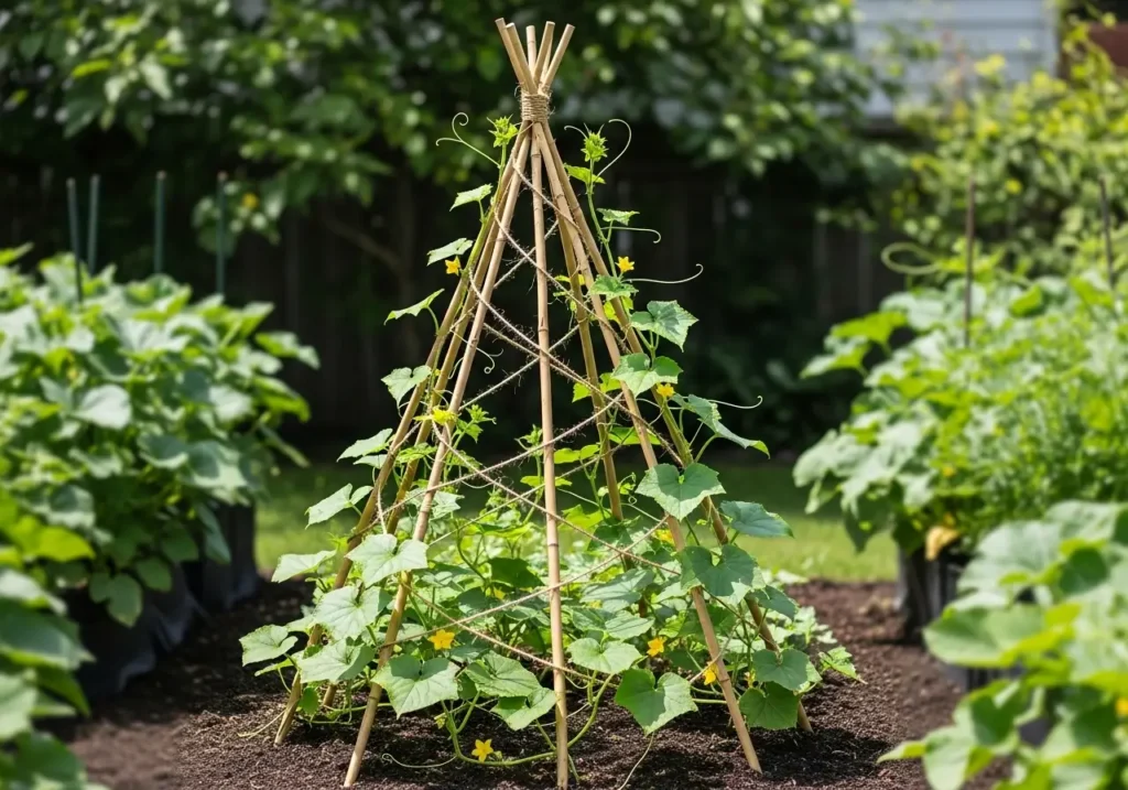 Bamboo teepee cucumber trellis ideas perfect for small space vertical gardening