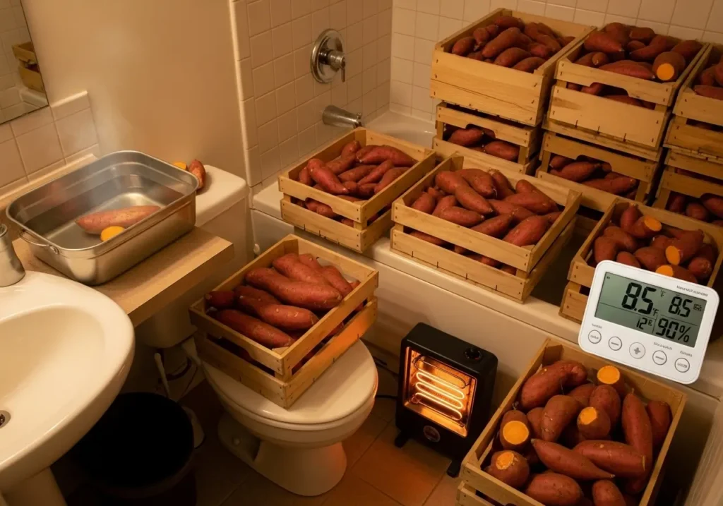 DIY bathroom setup showing how to cure sweet potatoes at home with proper humidity