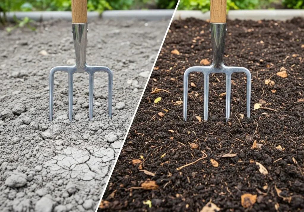 Before and after tomato soil preparation showing transformation to best soil for tomatoes