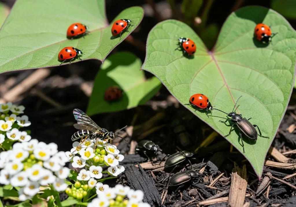 Beneficial insects providing natural sweet potato pest control in organic garden setting