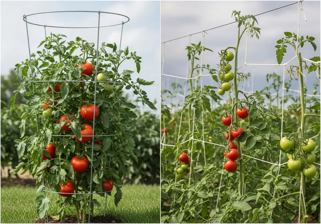 Tomato trellis vs cage comparison showing different support methods for plants