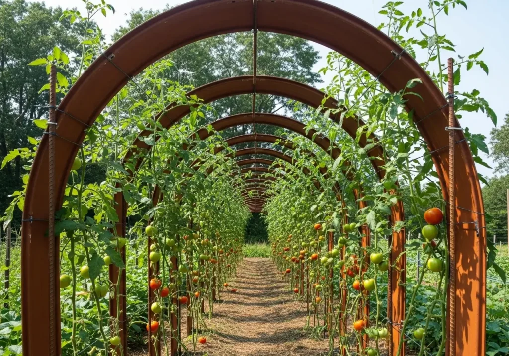 Cattle panel arch tomato trellis system creating tunnel support for multiple plants