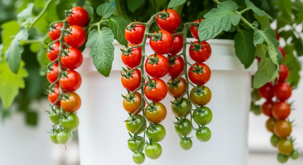 Cherry tomatoes growing upside down showing abundant fruit production