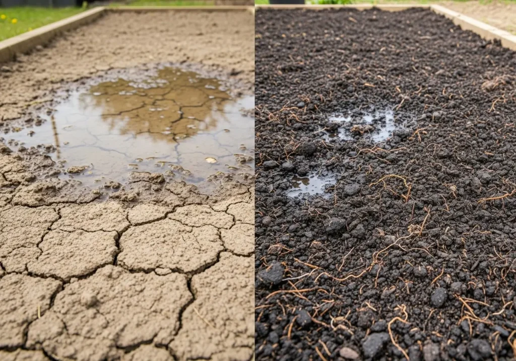 Before and after comparison showing garlic soil preparation improvement from clay to rich soil