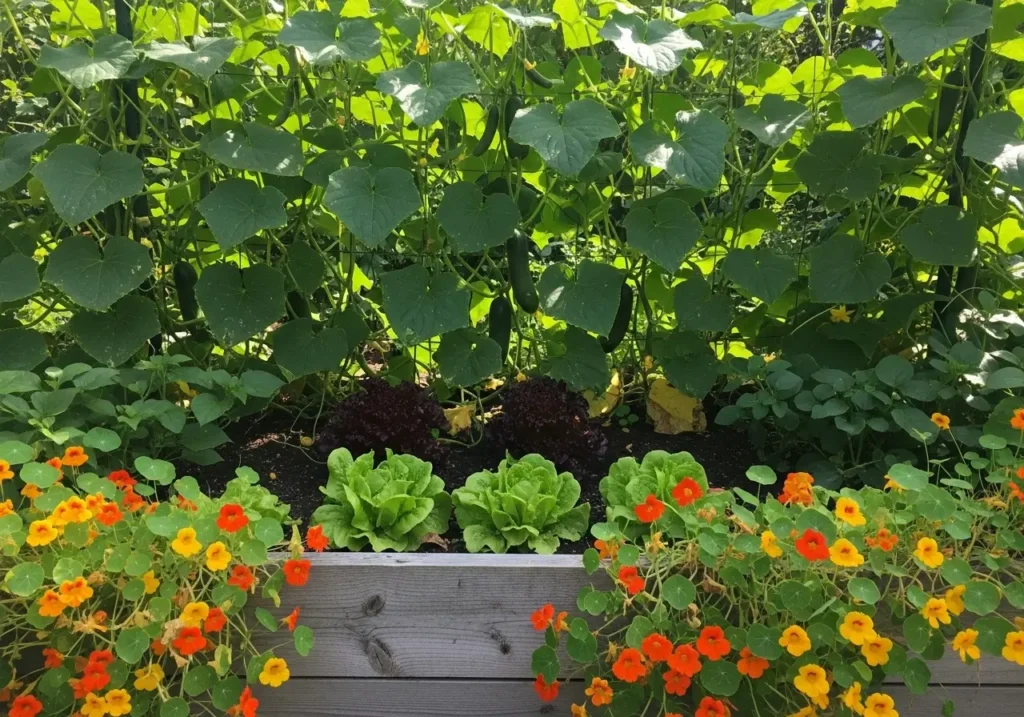 Companion planting with cucumbers in raised beds featuring nasturtiums and lettuce growing together
