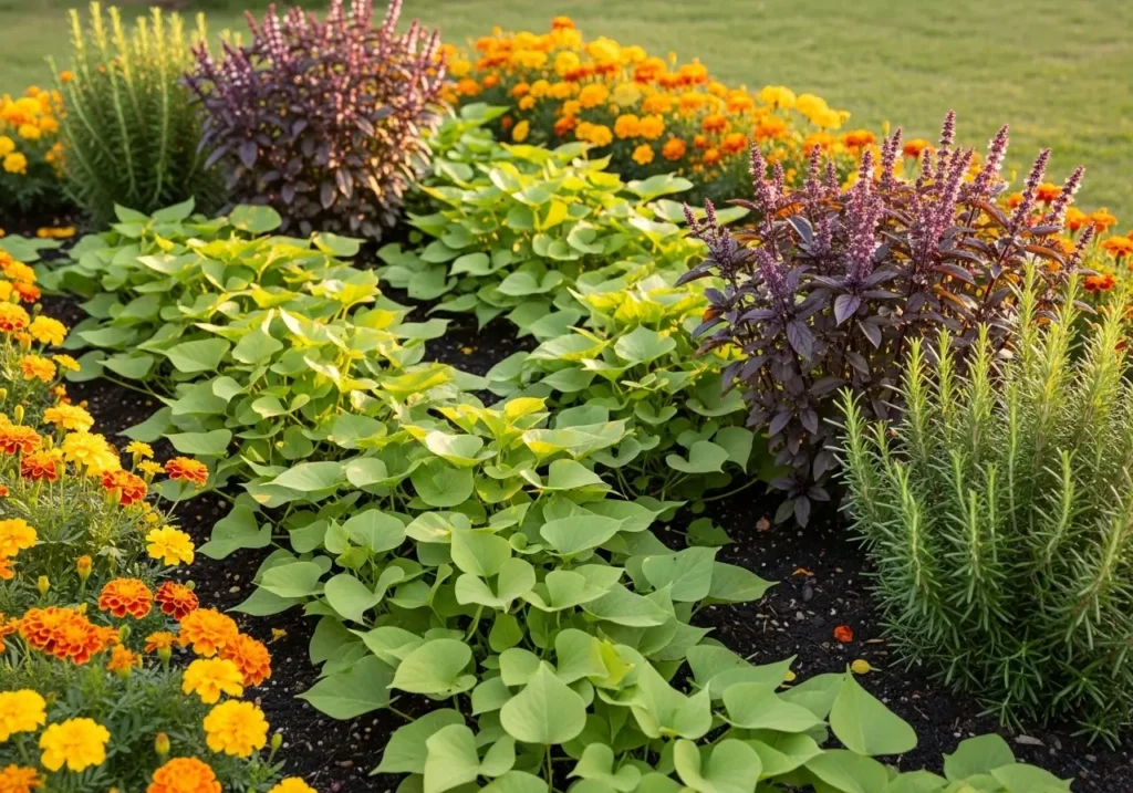 Companion planting setup for sweet potato pest control featuring marigolds and herbs around sweet potato vines