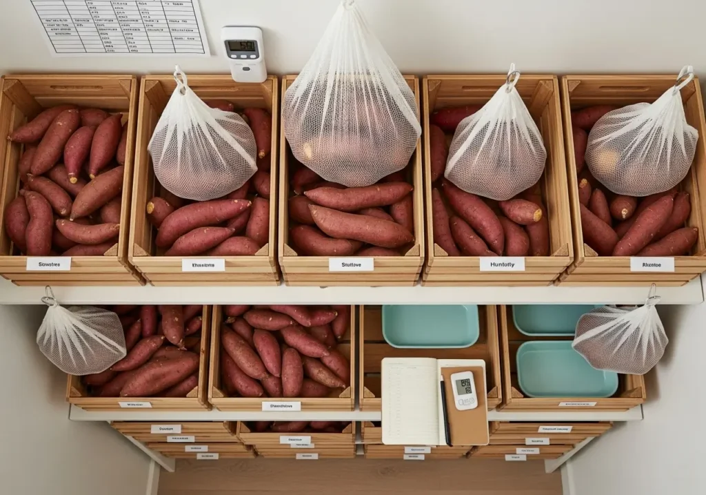 Complete organized system for storing sweet potatoes long term with proper containers and monitoring equipment