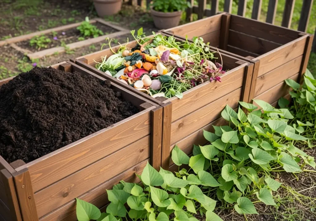 Compost for sweet potatoes showing organic fertilizer preparation in home garden setup