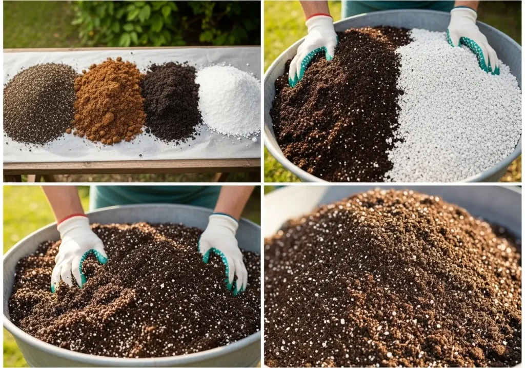 Soil mix ingredients for growing cucumbers in containers showing potting mix and compost blend