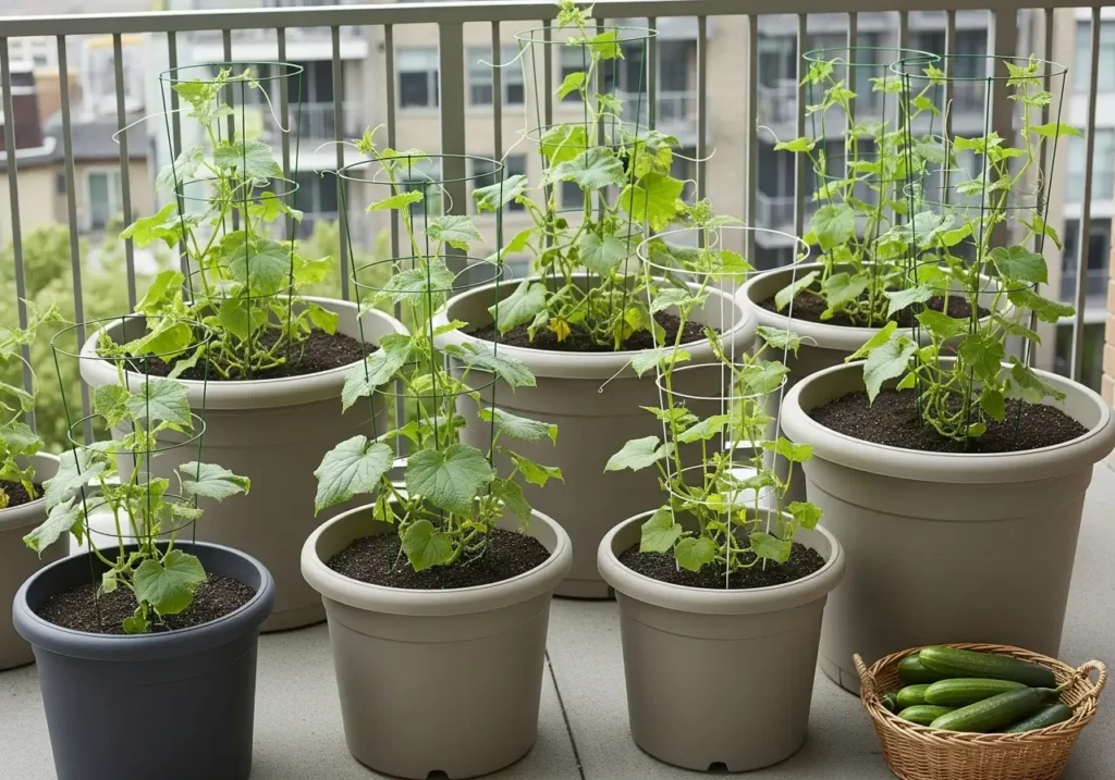 Container cucumber spacing showing one plant per pot for optimal cucumber plant spacing in small spaces