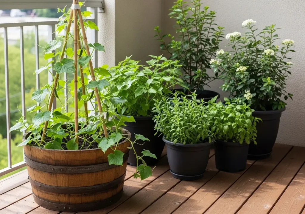 Container cucumber trellis ideas using whiskey barrel planter with bamboo support system