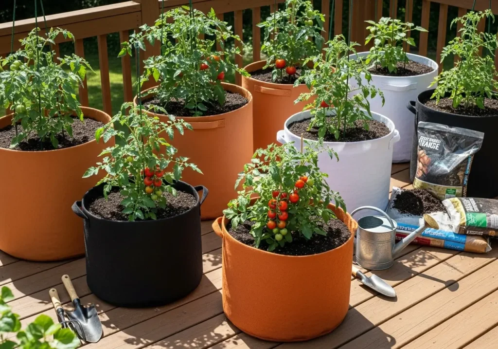 Container grown fastest growing tomatoes in pots and grow bags on sunny patio