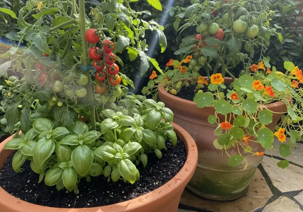 Container grown tomato companion plants in pots with basil and nasturtiums