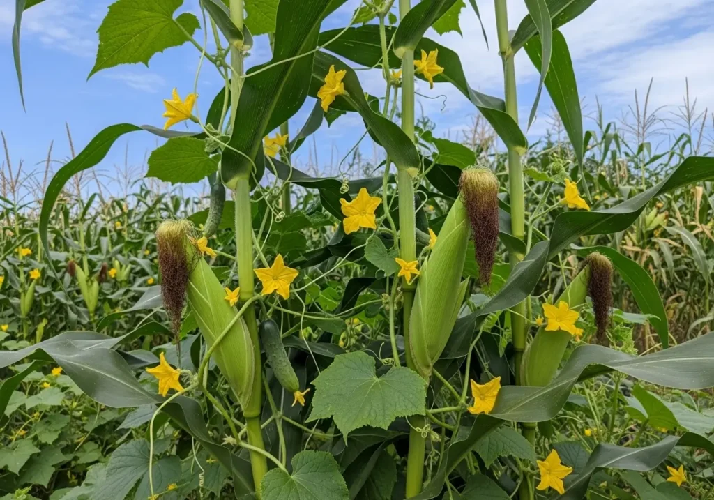 Cucumber vines climbing corn stalks demonstrating vertical cucumber companion plants growing technique