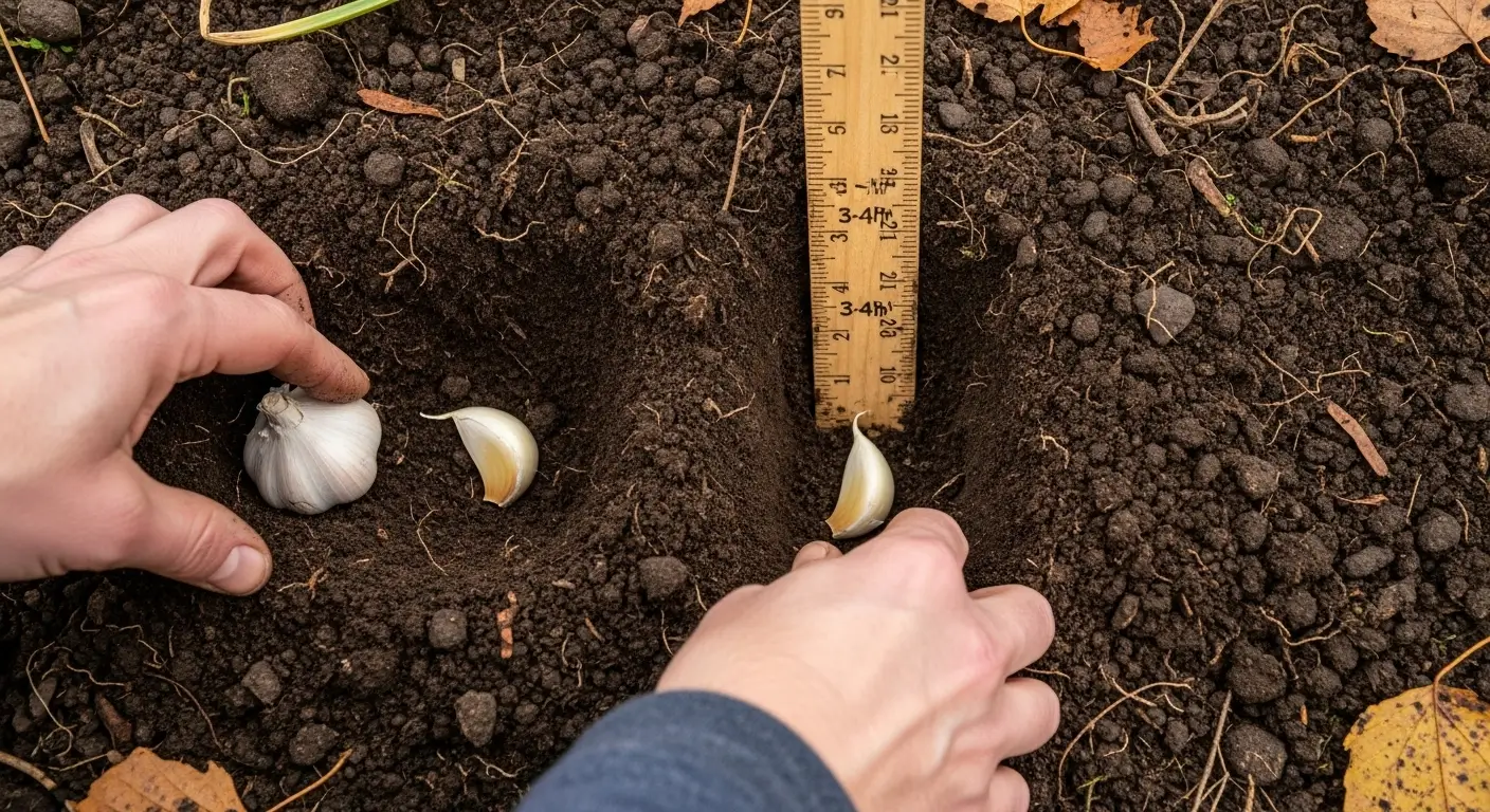 Proper garlic planting depth demonstration showing cloves planted 3-4 inches deep in prepared soil