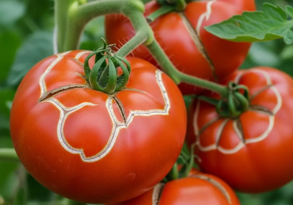 Red tomatoes with growth cracks and splits from inconsistent watering problems
