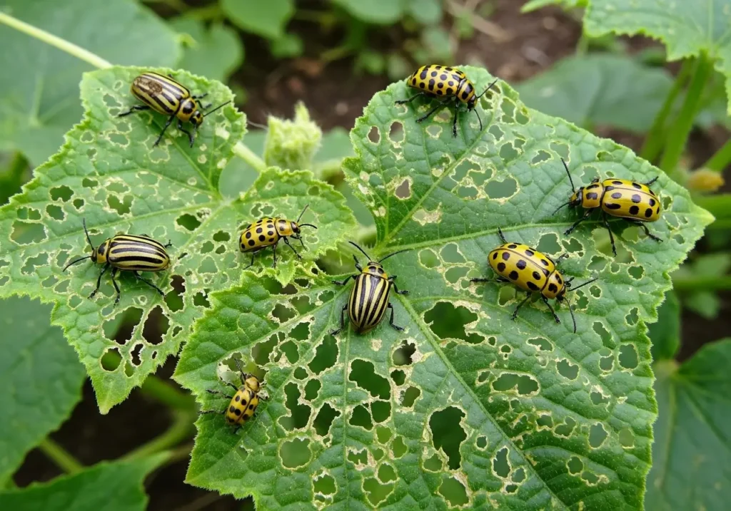 Cucumber beetles causing leaf damage and cucumber plant problems in garden