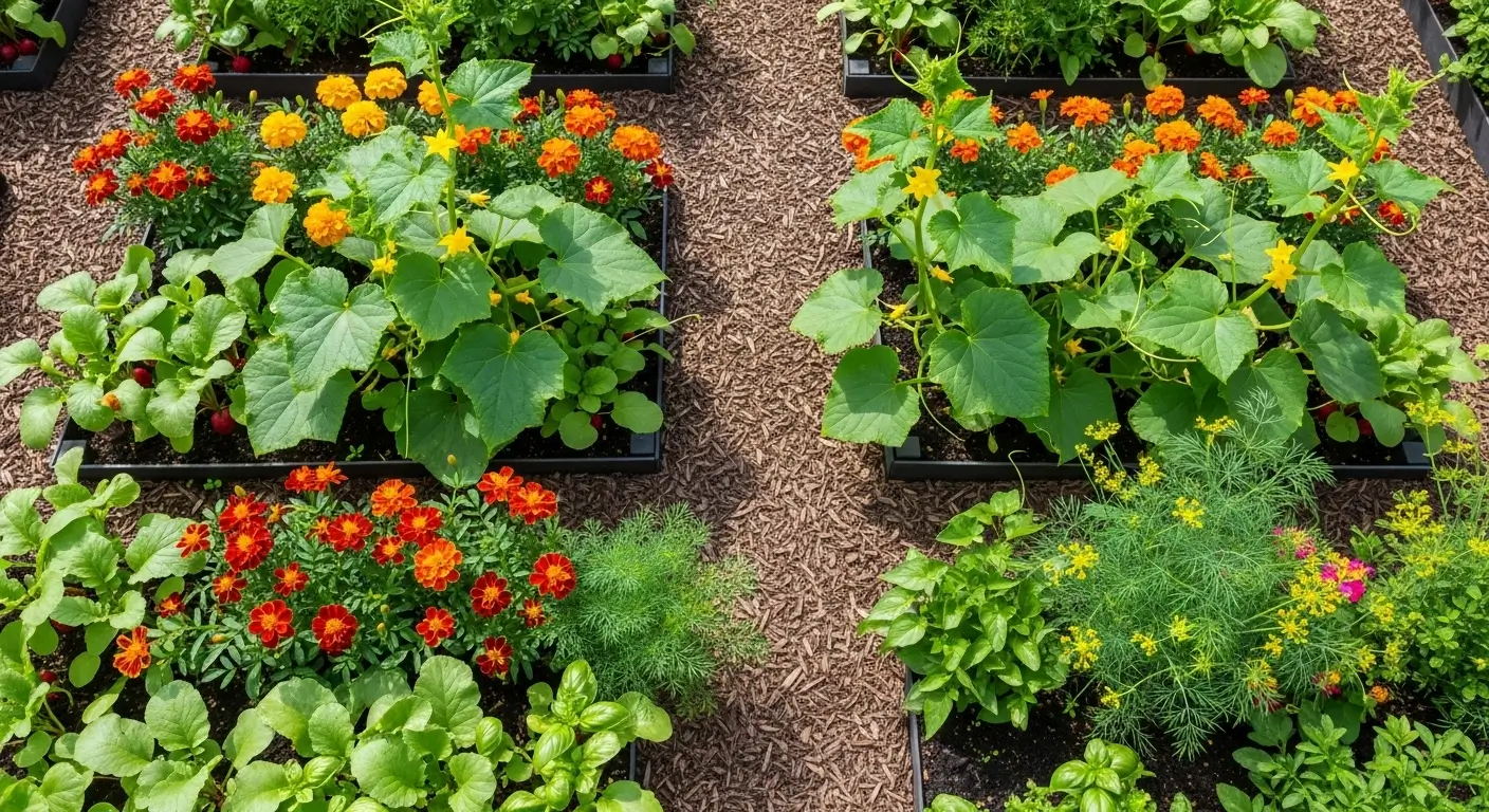 Cucumber companion plants thriving together in organic vegetable garden with marigolds and herbs