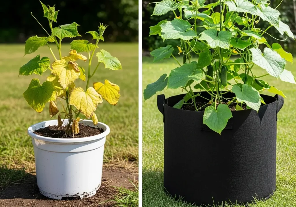 Container size comparison for growing cucumbers in containers showing small vs large pots