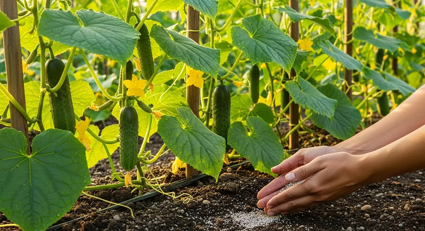 Cucumber fertilization in action with healthy vines producing abundant cucumbers in home garden
