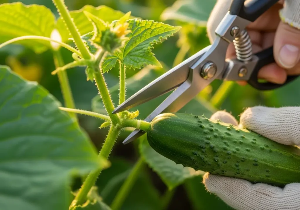 Proper cucumber harvesting technique using garden shears for clean cuts