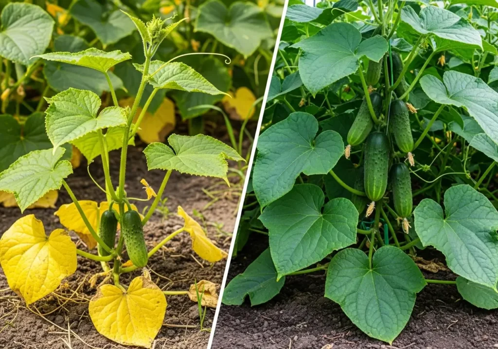 Cucumber plant nutrient deficiency vs healthy plant showing importance of proper cucumber fertilization