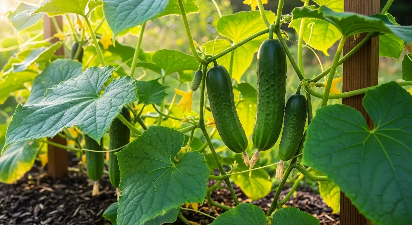 Healthy cucumber plant care showing vigorous growth on trellis with flowers and developing fruits