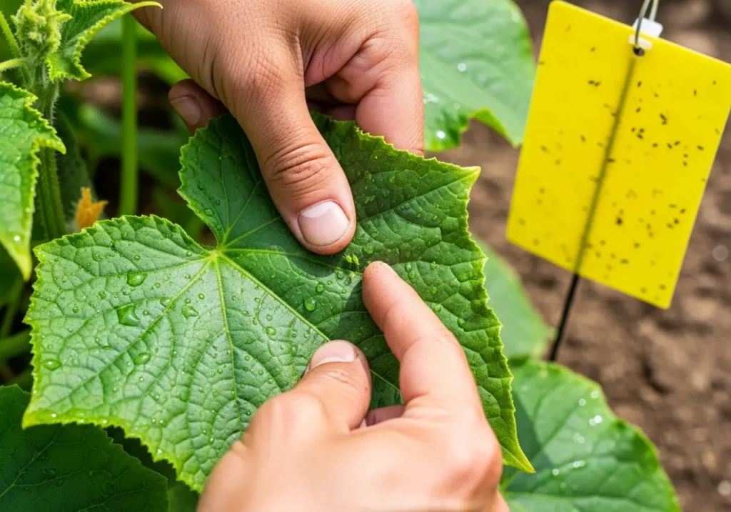 Regular inspection and monitoring as part of preventive cucumber plant care for pest management