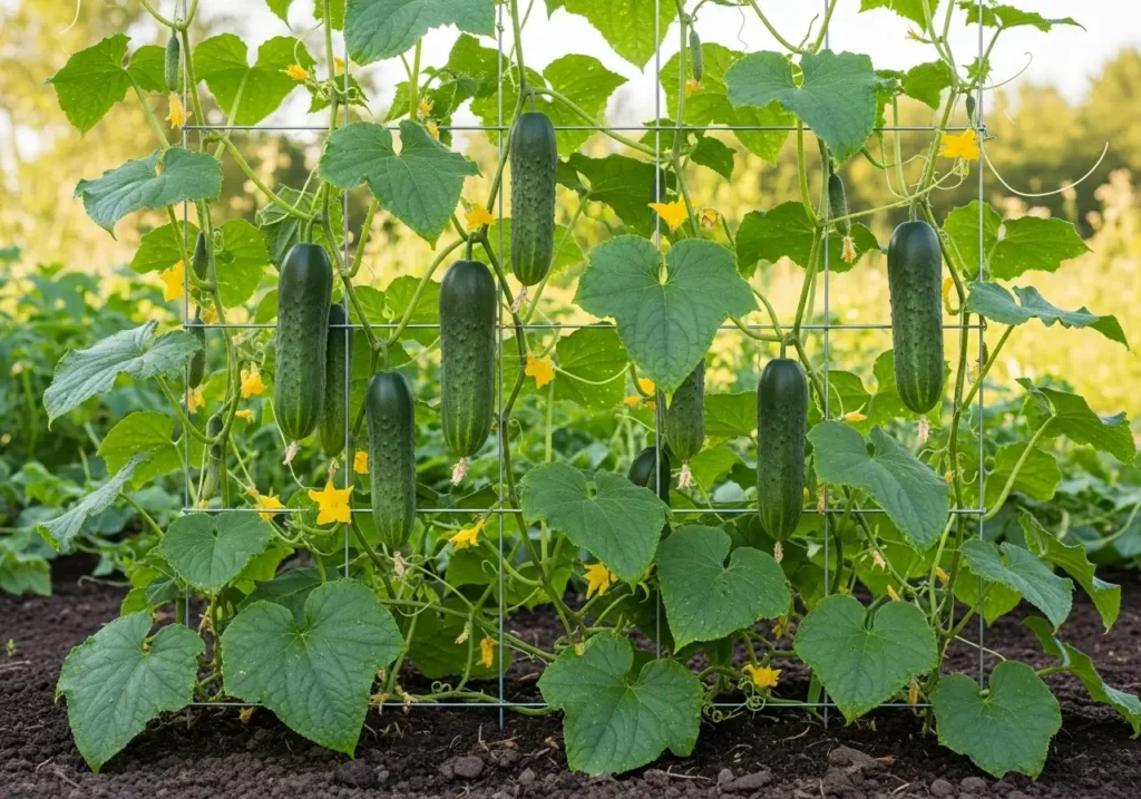 Vertical cucumber plant care using trellis system for better growth and easier harvesting