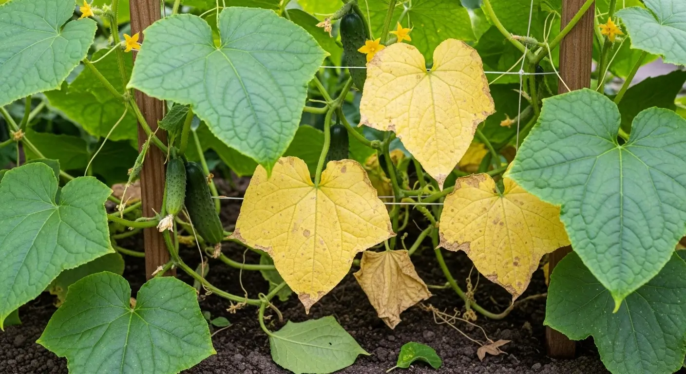 Cucumber plant problems showing yellow leaves and healthy growth in home garden