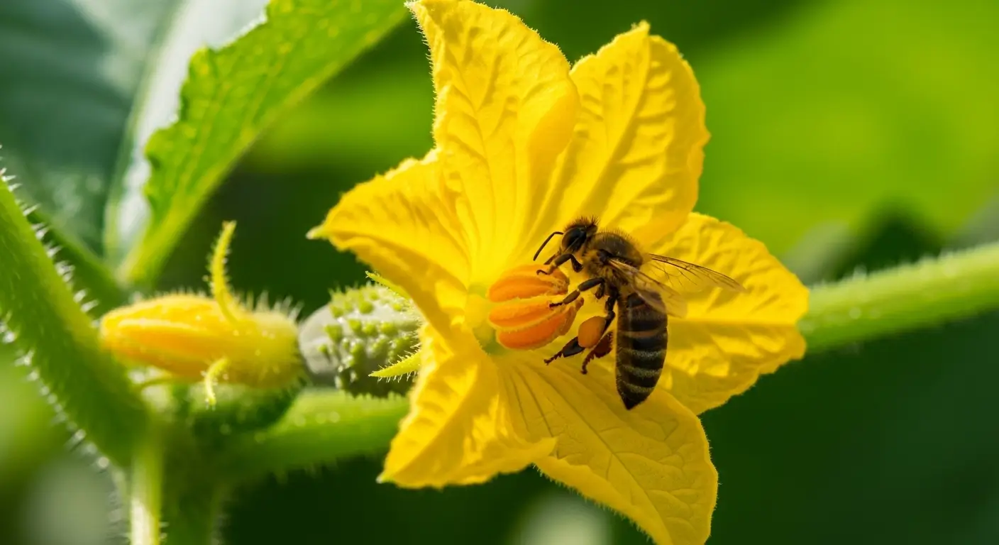 Cucumber pollination in action with bee on female cucumber flower