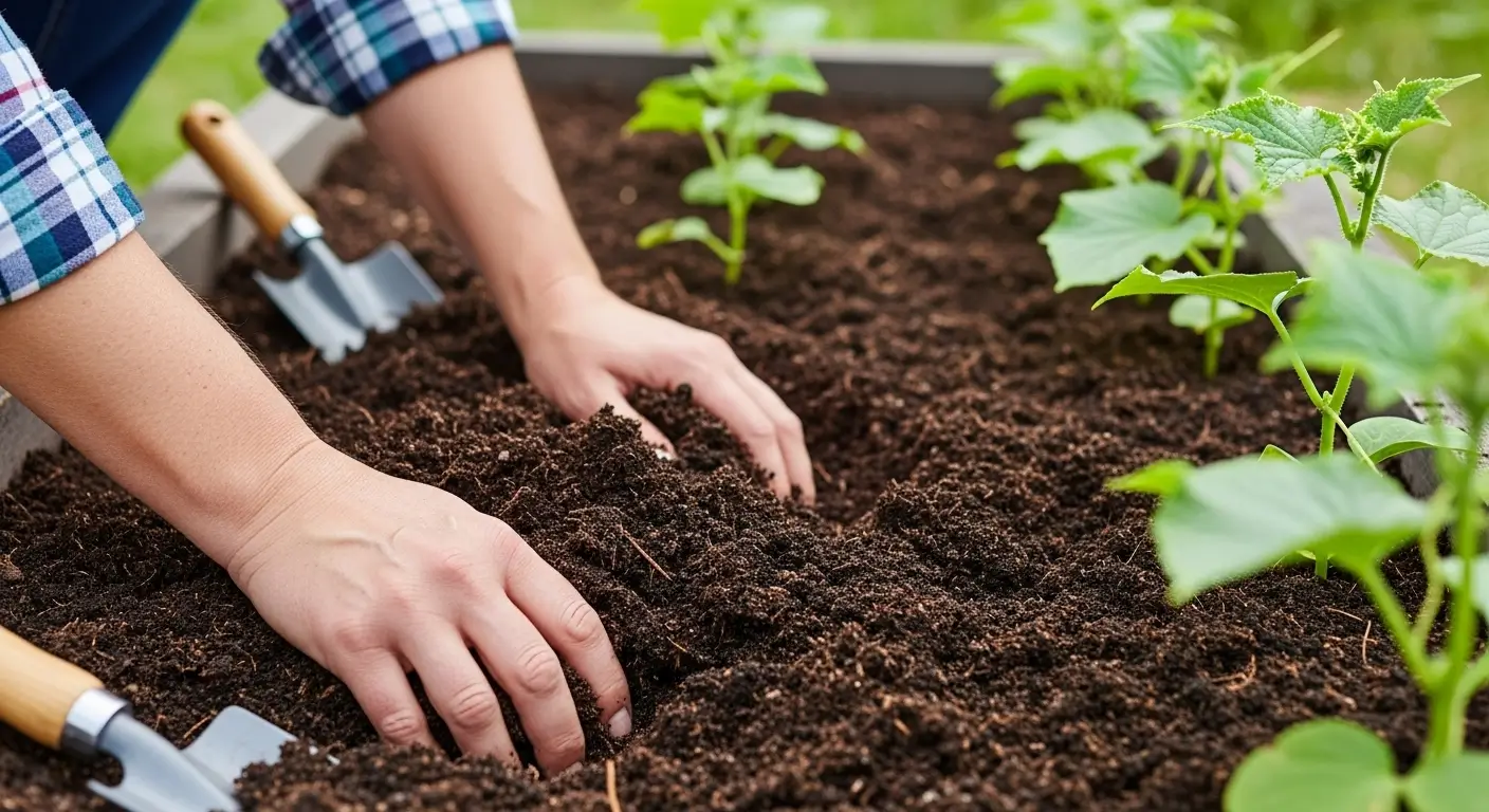 Gardener preparing rich, dark soil for cucumber soil preparation in raised garden bed