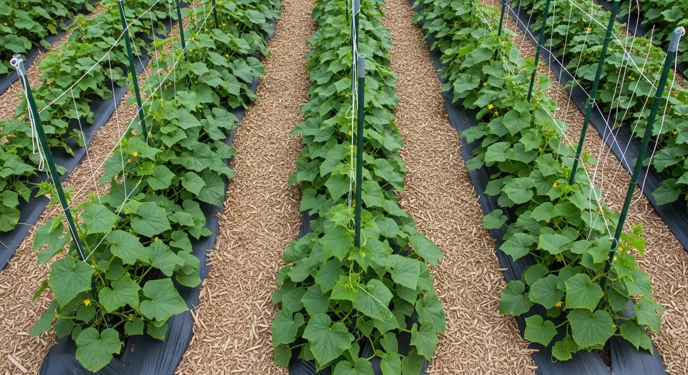 Proper cucumber spacing in garden rows showing healthy plants with adequate distance for optimal growth