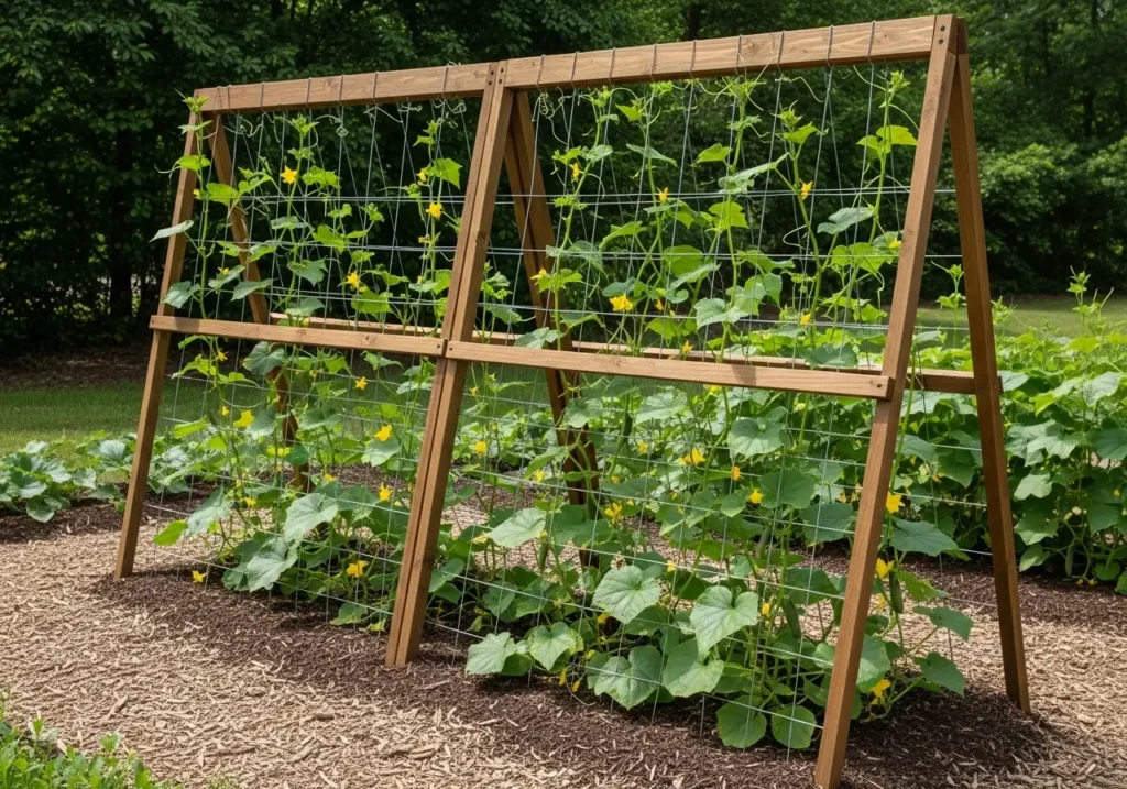 Vertical trellis system for how to grow cucumber plants efficiently in small gardens