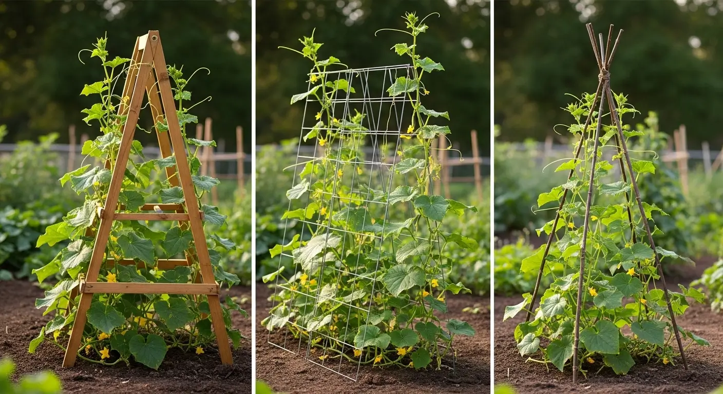 Various cucumber trellis ideas showcased in home garden with vertical growing systems