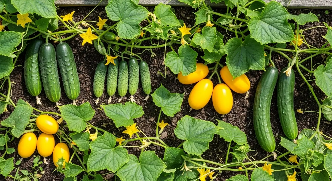 Multiple cucumber varieties growing in home garden including slicing and pickling types