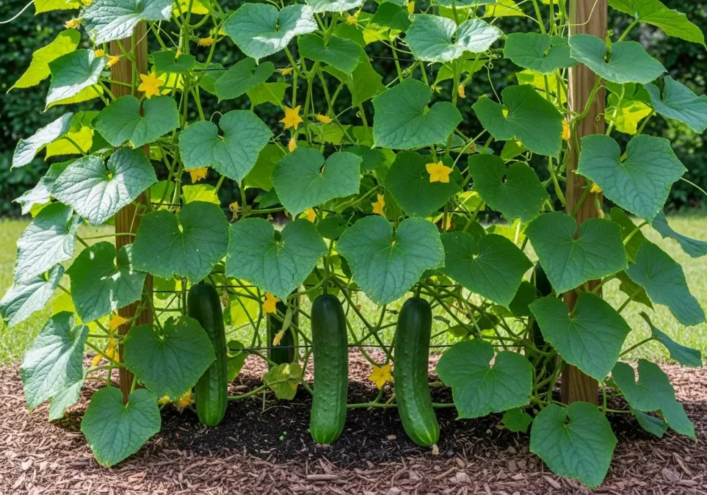 Cucumber varieties growing vertically on trellis system for maximum space efficiency