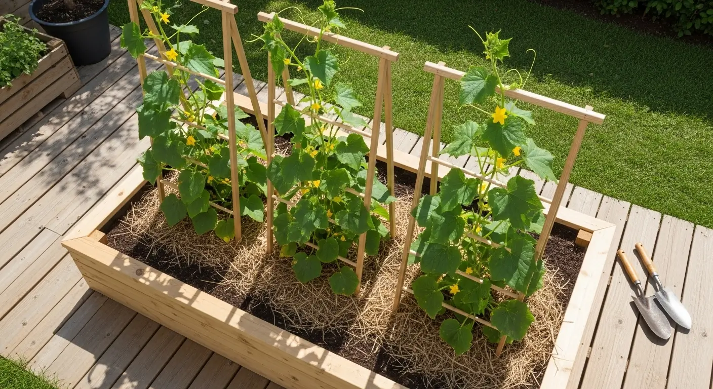 Cucumbers in raised beds growing vertically on wooden trellis with healthy vines and developing fruit