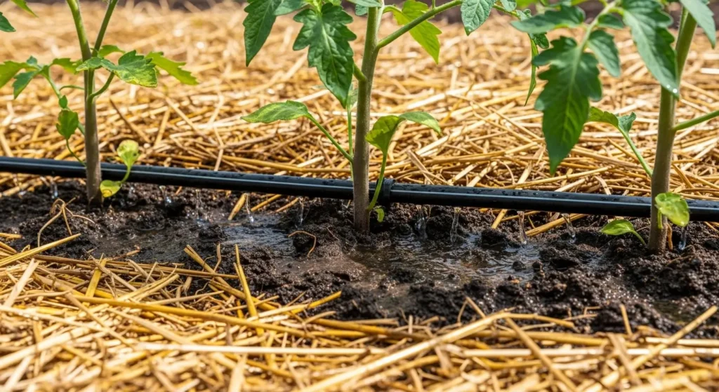 Deep watering tomatoes using soaker hose for effective watering schedule