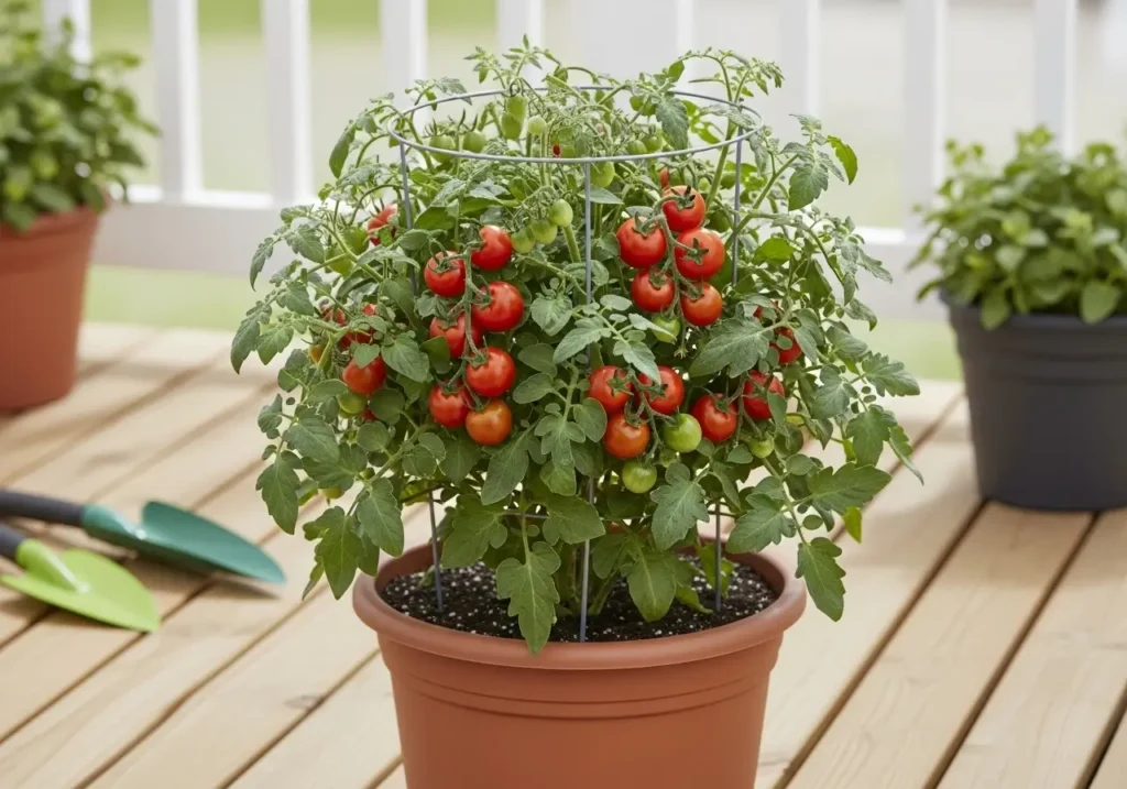 Compact determinate tomato plant perfect for container gardening with ripe fruit clusters